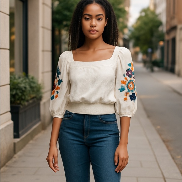 Anthropologie Tops - Anthropologie White Embroidered Boxy Crop Top size XS